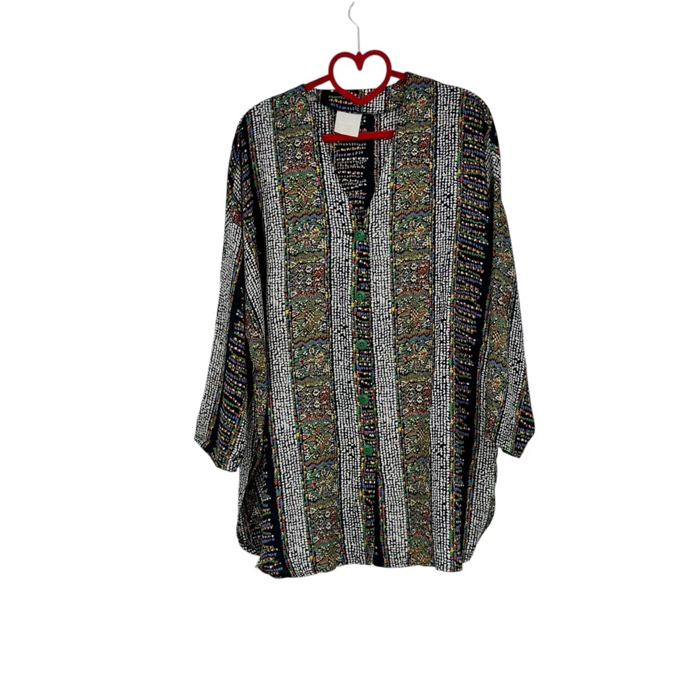 Oversized XL Viscose Multicolored Button Front Top w Dolman Sleeves & Side Slits